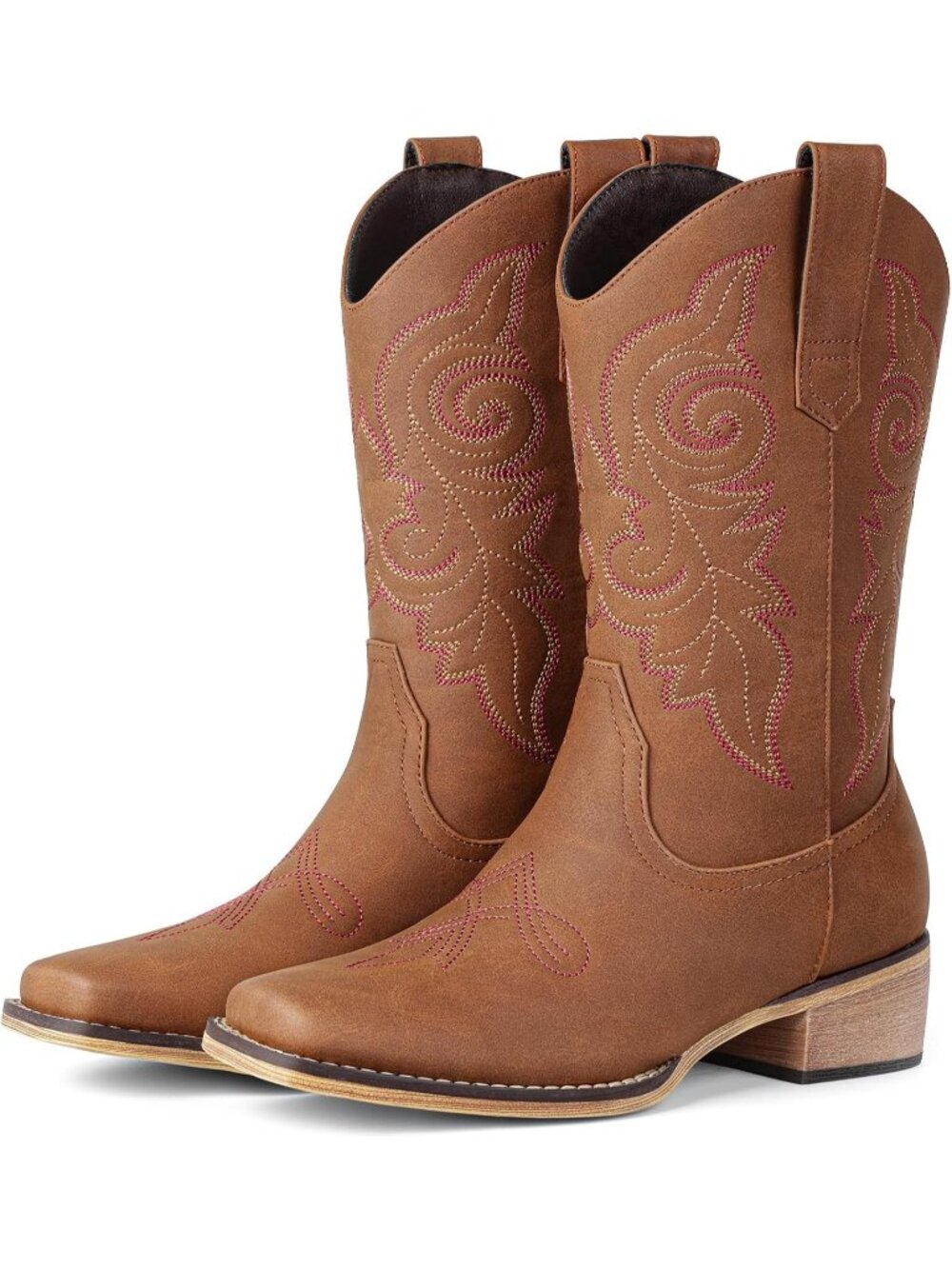 Women's Red Brown Square Toe Mid Calf Low Chunky Heel Classic Retro Cowgirl Boot